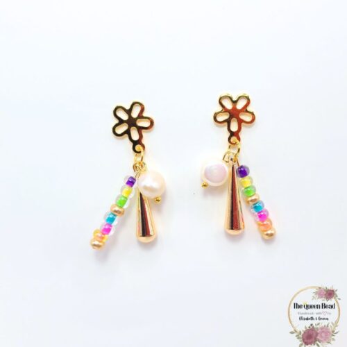 Flower Stud Dangle Earrings with Freshwater Pearls at The Queen Bead