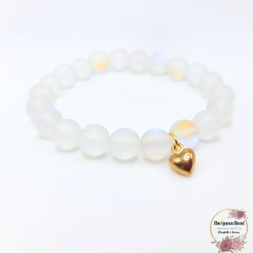 White Opal Glass Stretchy Bracelet with Dangling Heart at The Queen Bead