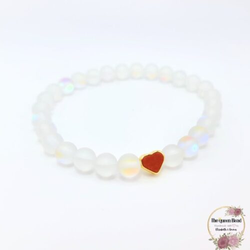 White Opal Glass Stretchy Bracelet with Mini Heart at The Queen Bead